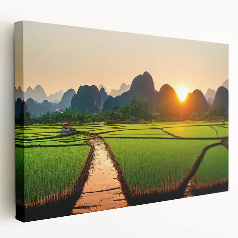 Sunset Over Laos Rice Fields - Scenic Landscape Photography Print Markdown