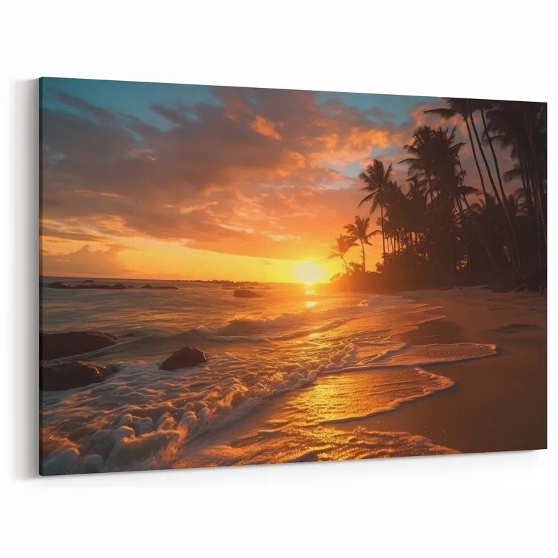 Special Discount Bahamas Wall Art - Golden Sunset with Waves and Palm Trees on the Shore