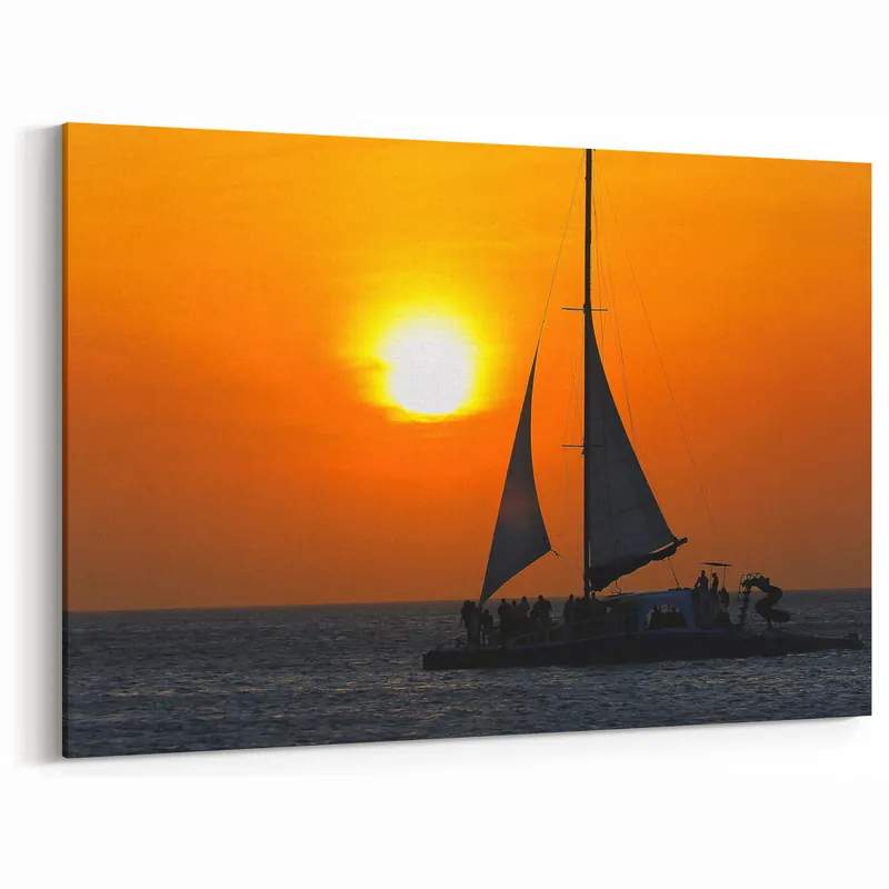 Buy Online Caribbean Beach Art – Sailboat at Sunset with Vibrant Orange Sky