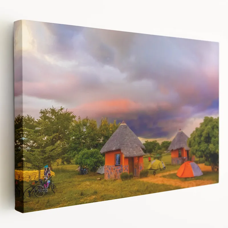 Zambia Canvas Prints - Traditional Village Sunset Scene African Scenery Art Luxury