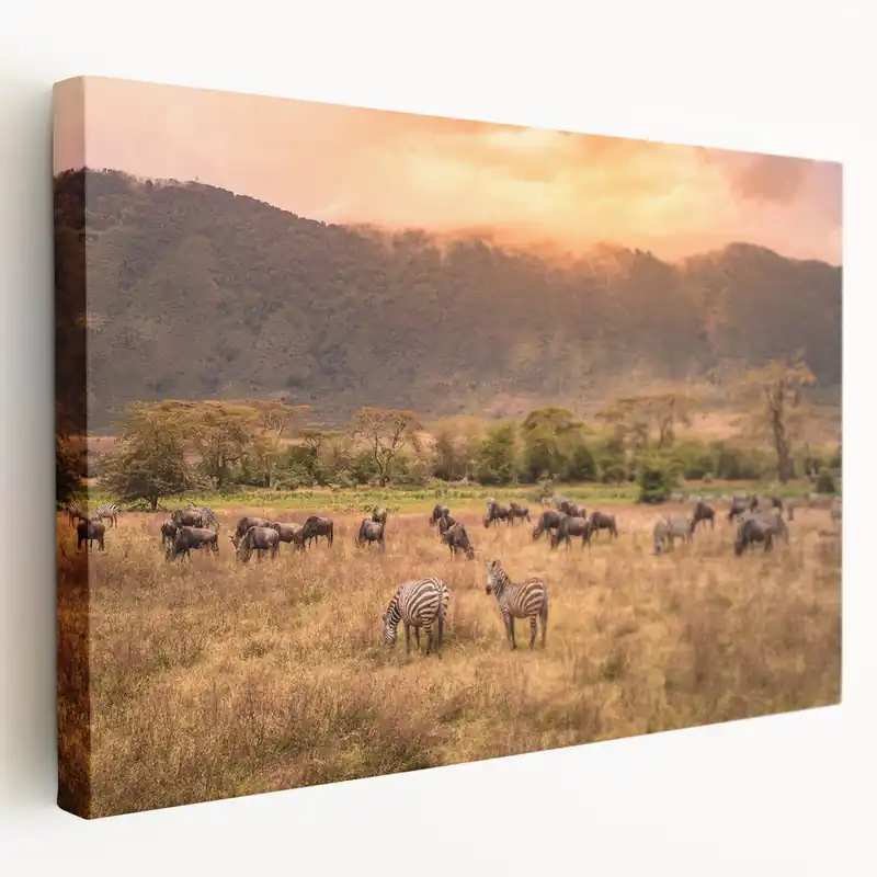Free Shipping Ngorongoro Wildlife Art - Grazing Zebras and Wildebeests Canvas Print