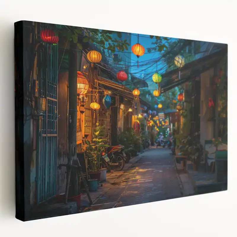 Vibrant Lantern Alley Art – Colorful Street Scene Canvas for Eclectic Decor Instant Buy