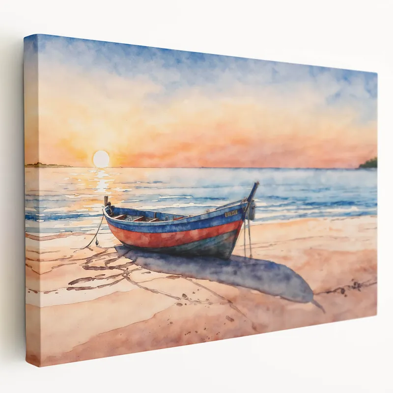 Sunrise Rowboat on Sandy Shore - Vibrant Coastal Wall Art Print Genuine