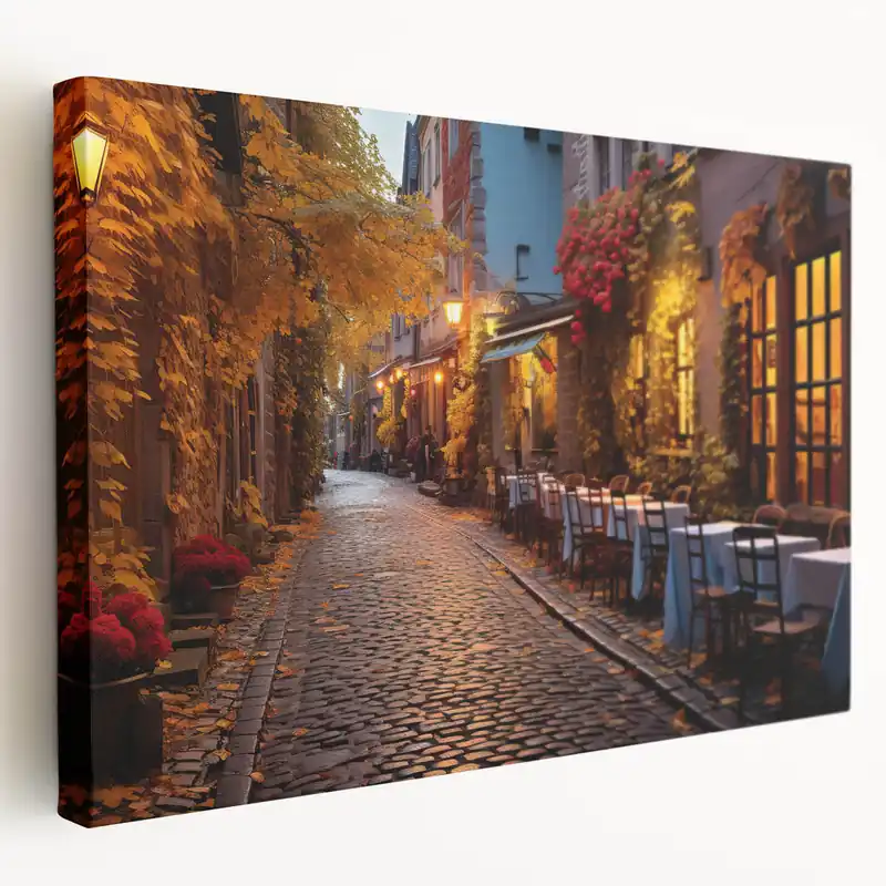 Cozy Autumn Street Cafe Art Print - Warm Evening Cityscape Canvas Genuine
