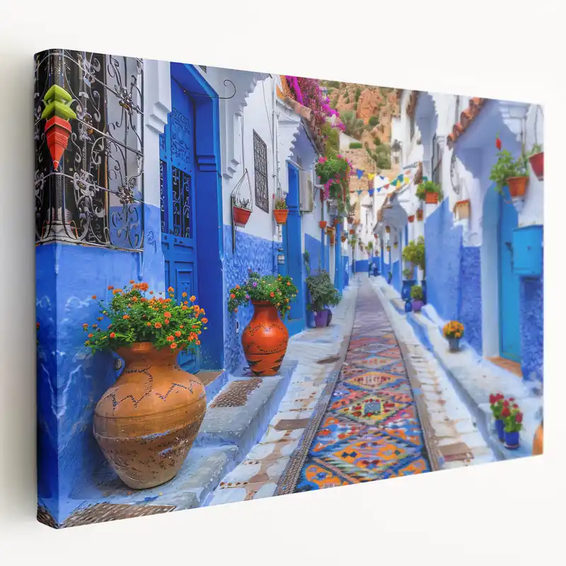 Colorful Moroccan Street Art Print - Vibrant Blue Cityscape Canvas Deal