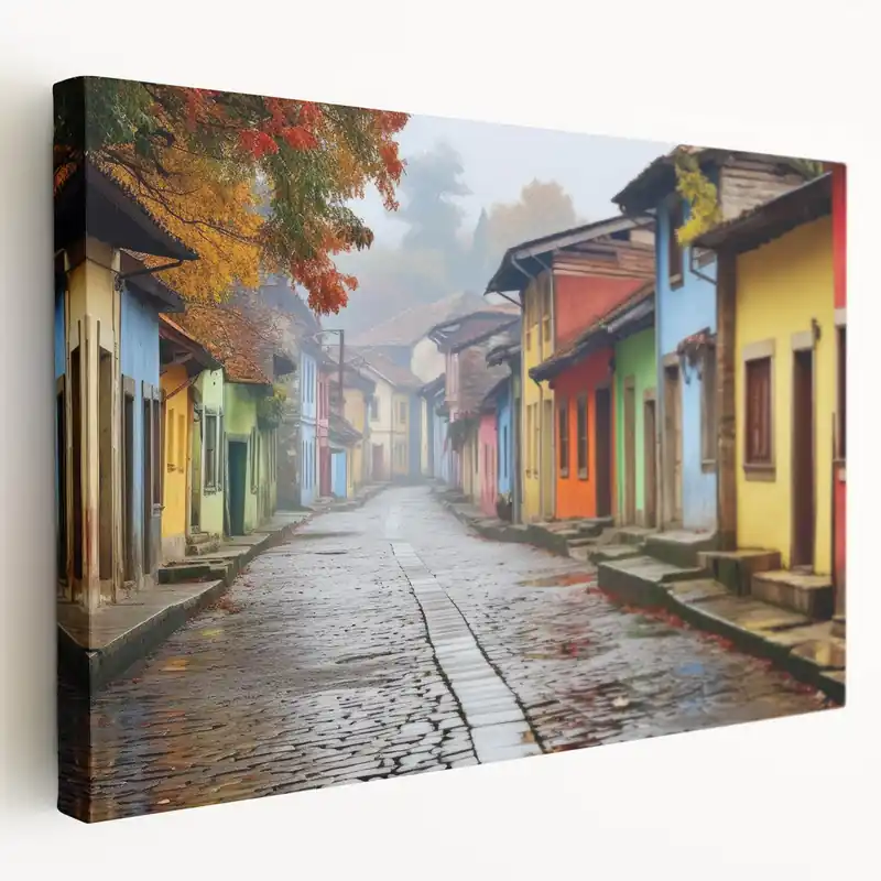 Colorful Village Street Scene Art - Vibrant Cobblestone Alleyway Canvas Direct From Factory
