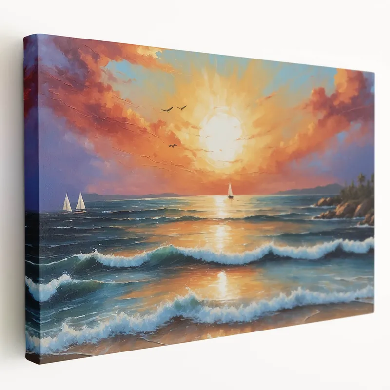 Vibrant Sunset Seascape Art - Sailboats and Crashing Waves Canvas Print Order Now