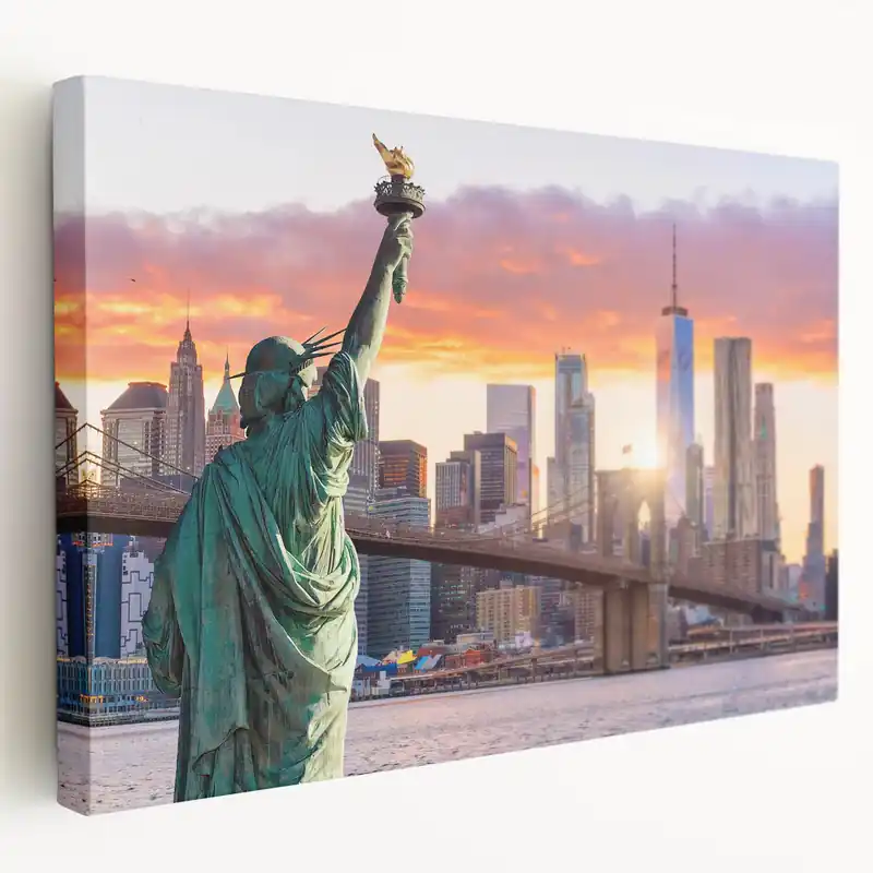 Statue of Liberty and NYC Skyline - Vibrant Sunset Canvas Print Seasonal Sale