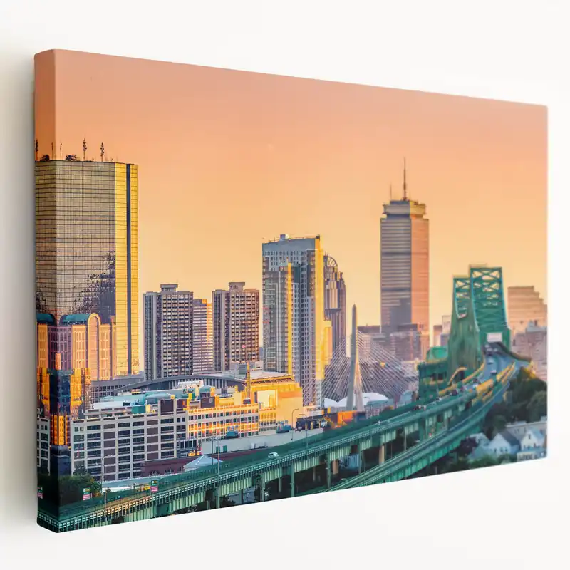 Special Discount Boston Skyline Wall Art - Sunset Glow Cityscape on Stretched Canvas