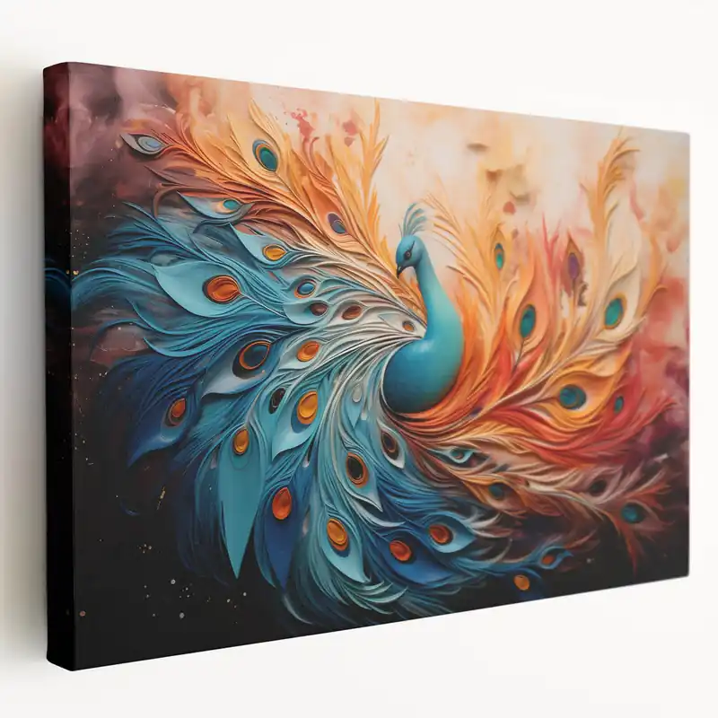 Markdown Fiery Peacock Explosion Wall Art - Dynamic Orange and Blue Canvas