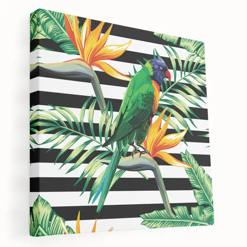 Tropical Parrot Wall Art – Bold Stripes and Bird of Paradise Decor Modern