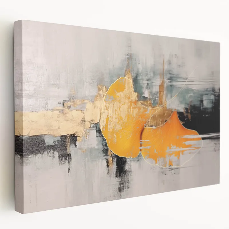 Direct From Factory Golden Ginkgo Leaves and Abstract Strokes Art Canvas