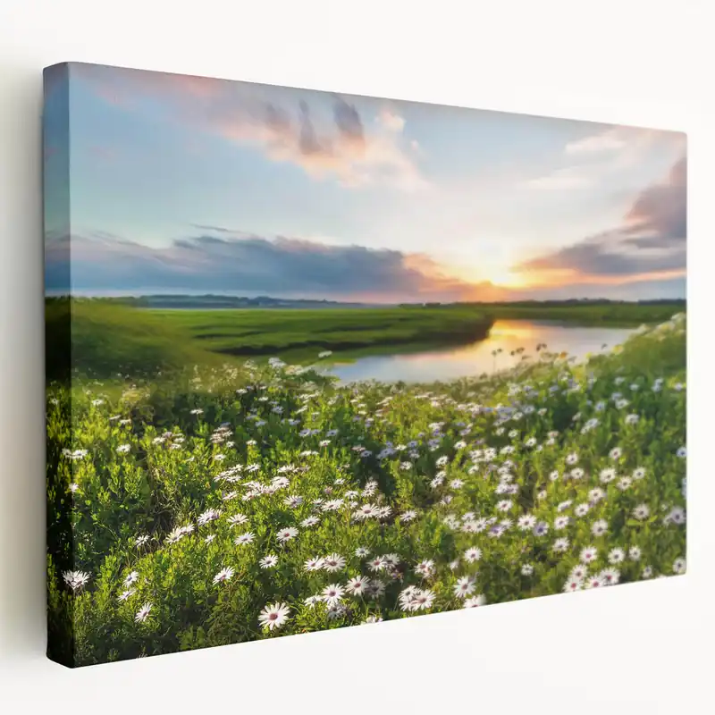 Super Sale Pastoral Sunrise Art - Wildflower Meadow and River at Dawn Wall Decor