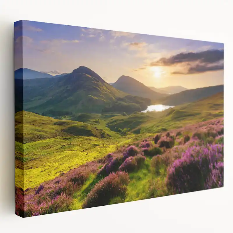 Sunset Countryside Art - Rolling Hills and Heather Fields Wall Decor Secure Checkout