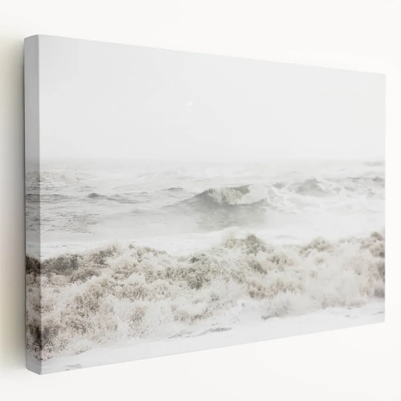 Sunset Canvas Art - Misty Ocean Waves Nature Inspired Wall Print Affordable