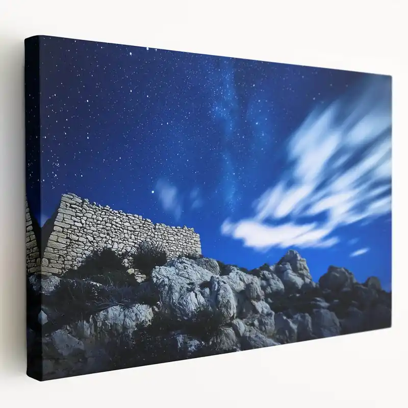 Starry Sky Rocky Cliffs Canvas Art – Serene Night Landscape Painting Bargain