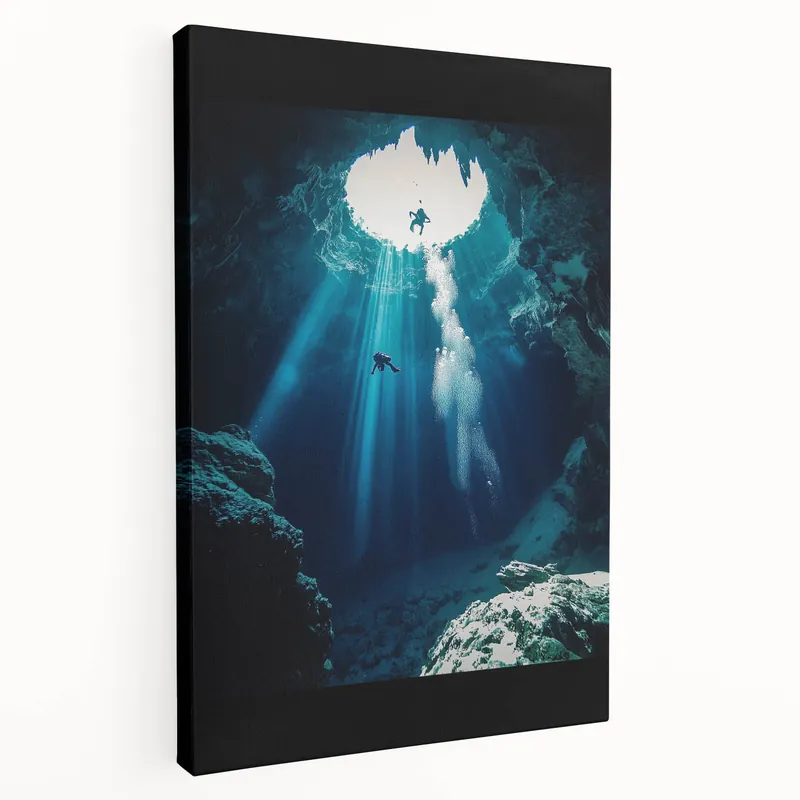 Underwater Cave Wall Art - Scenic Divers and Light Rays Photography Fan Favorite