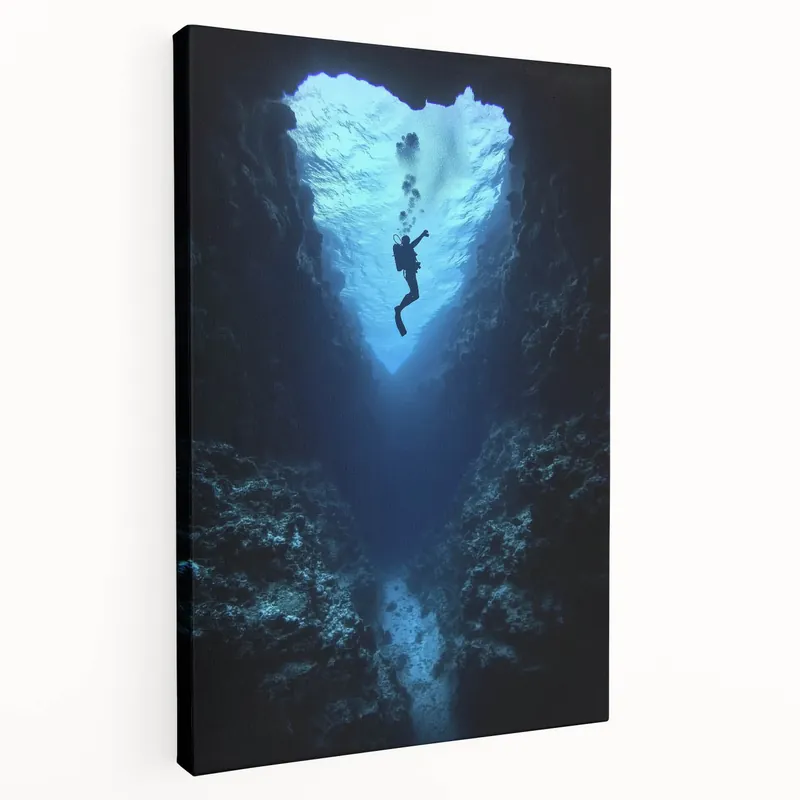 Underwater Cave Photos - Diver in Heart-Shaped Blue Abyss Wall Art Trending