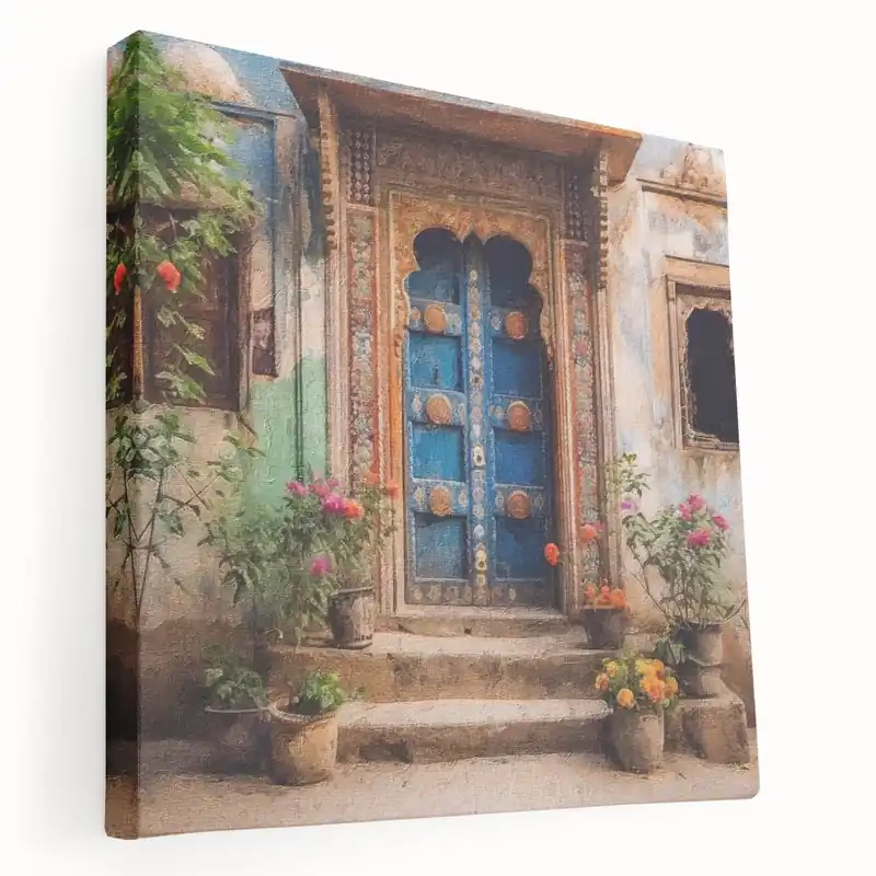 Vibrant Blue Indian Door Canvas Art – Heritage Floral Decor One Day Deal