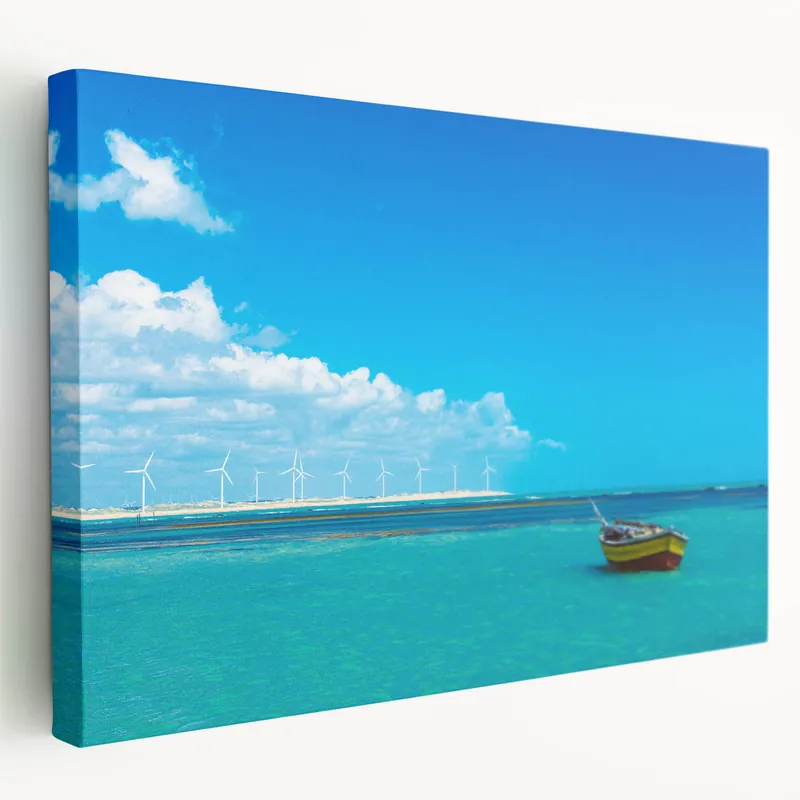 Brazilian Nature Photography - Coastal Boat and Wind Turbine Wall Art Place Order