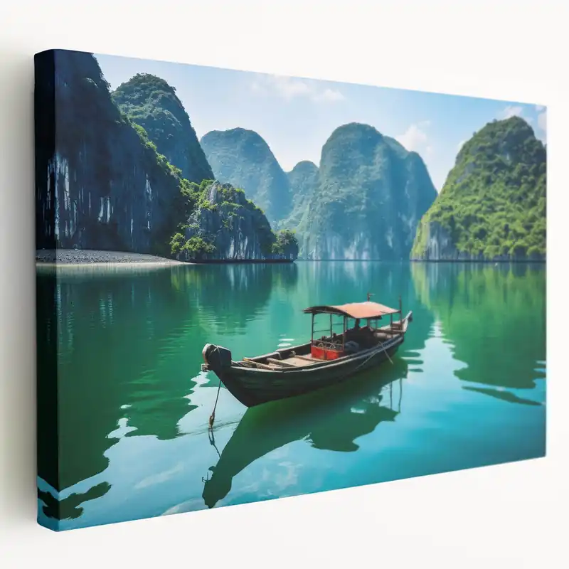 Serene Halong Bay - Traditional Boat in Calm Waters Art Price Cut