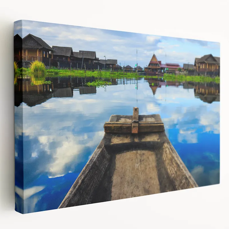 Reflections of Inle Lake Myanmar Wall Art - Scenic Traditional Houses Trending