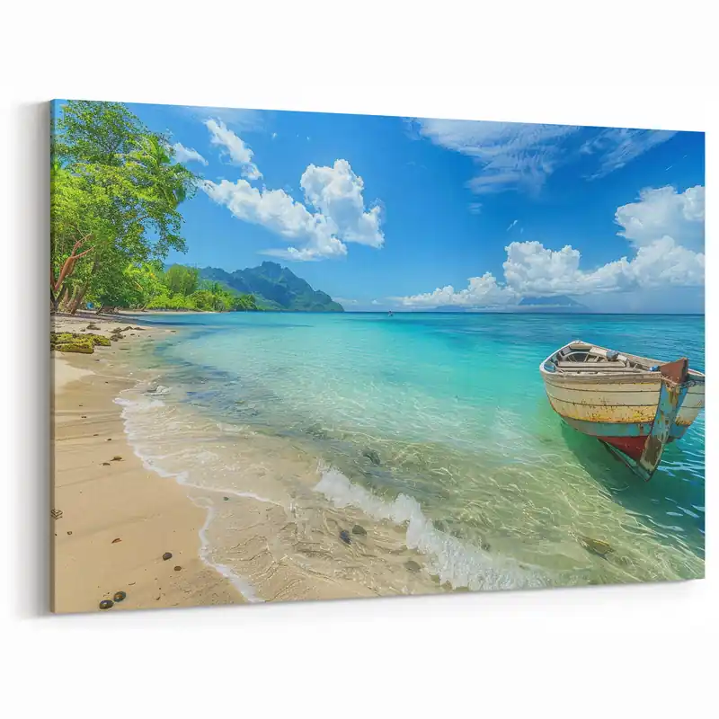 Tropical Island Prints – Boat on Tranquil Beach with Turquoise Waters Professional Grade