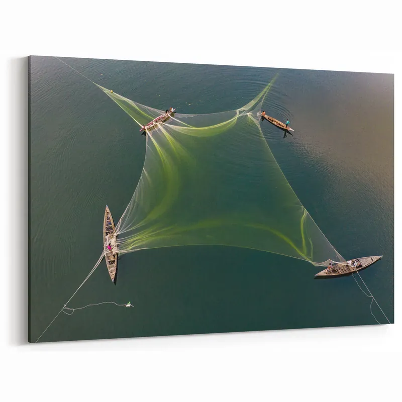 New Release Traditional Fishing Nets of Bangladesh - Aerial Scenic Canvas Wall Art