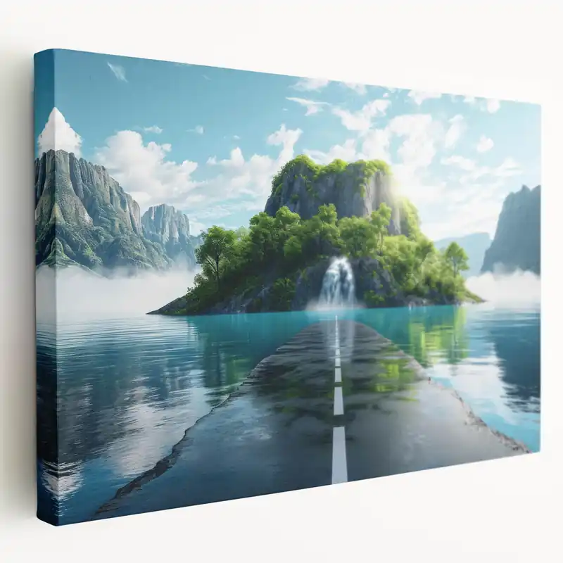 Don’t Miss Out Enchanting Waterfall Road Art – Scenic Road Journey Canvas for Nature Lovers