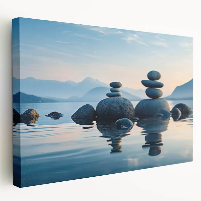 Viral Serene Seascape Wall Art - Coastal Ocean View Canvas with Balanced Stones