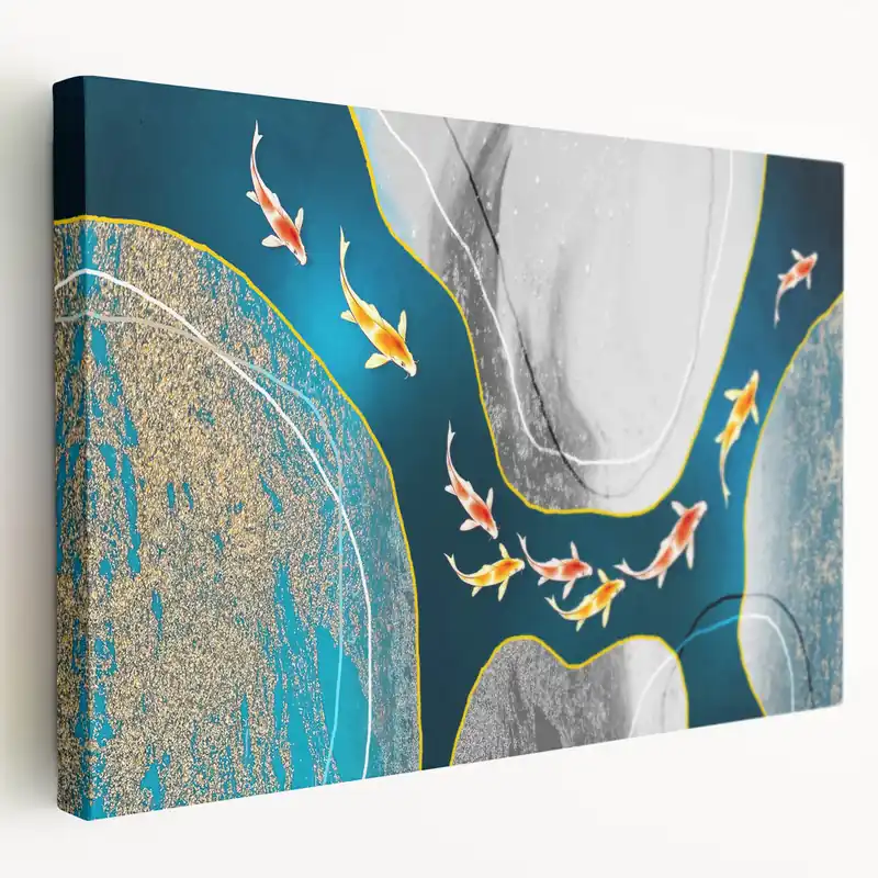 Vibrant Koi Fish & Abstract Lines | Modern Wall Art in Blue and Gold Hot Picks