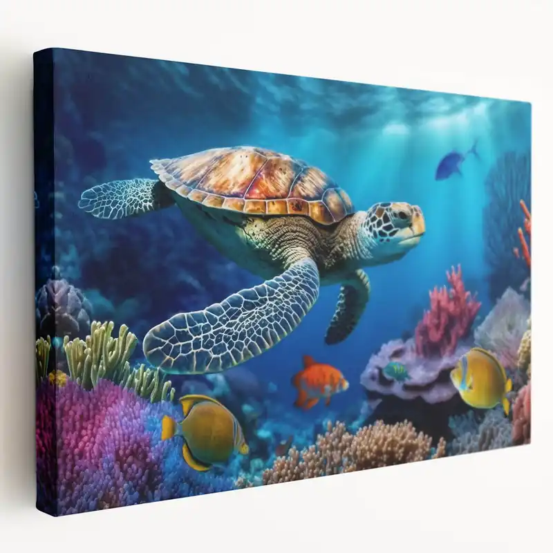 Vibrant Coral Reef Turtle Wall Art - Marine Life Canvas for Ocean Lovers Viral