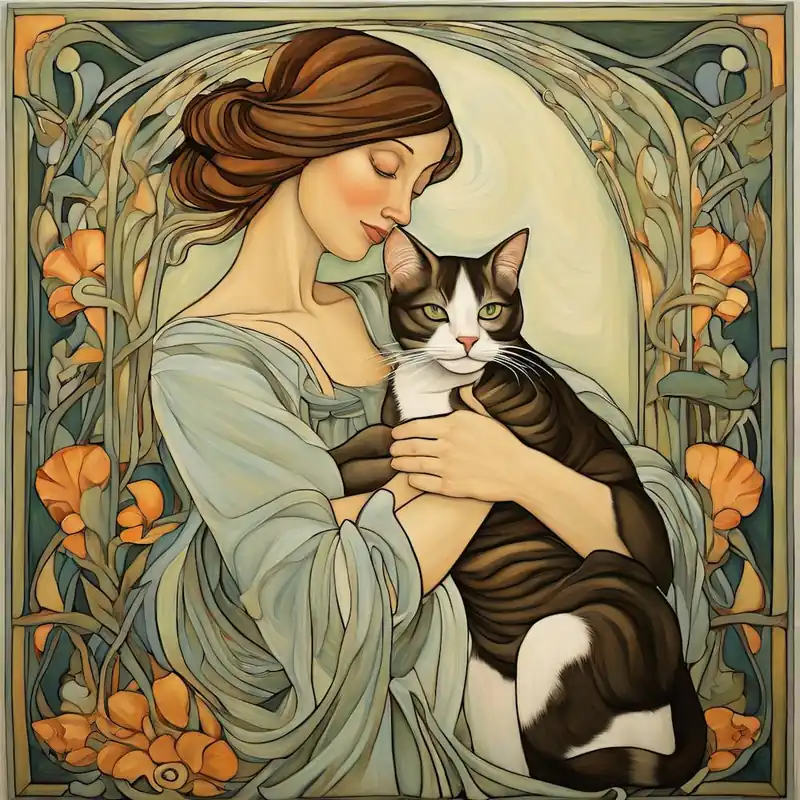 Woman with her Beloved Cat in Style of Art Nouveau 2 Handmade