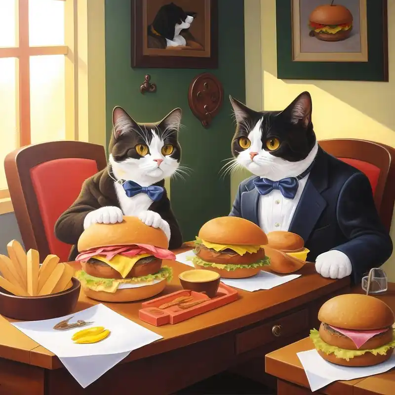 Exclusive Offer Cats Eat Burger on Table