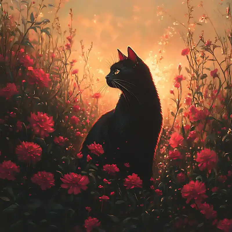 Buy Online Black Cat in a Floral Sunset Garden 8