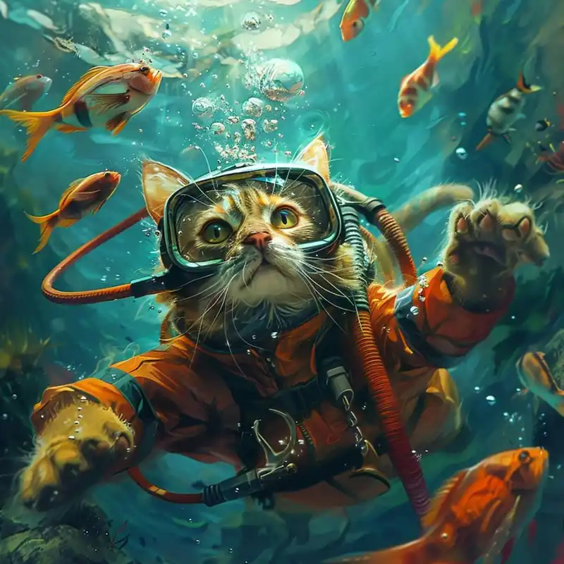 Today Only Adventurous Cat In Scuba Gear, Swimming Underwater With Colorful Fish, Playful And Curious Explorer