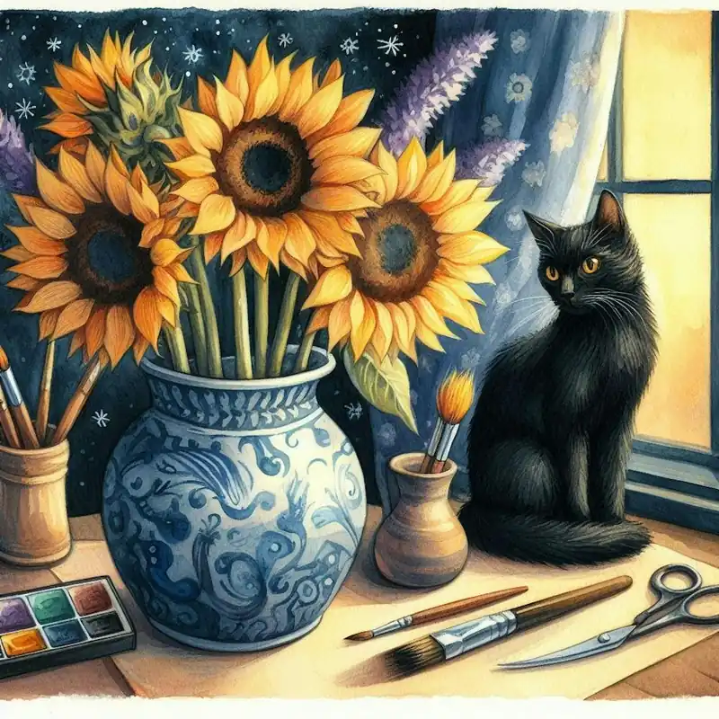 Weekend Sale Sunflowers watercolor pestel painting Vase With Three Sunflowers With A Black Cat, Van Gogh Inspired 1