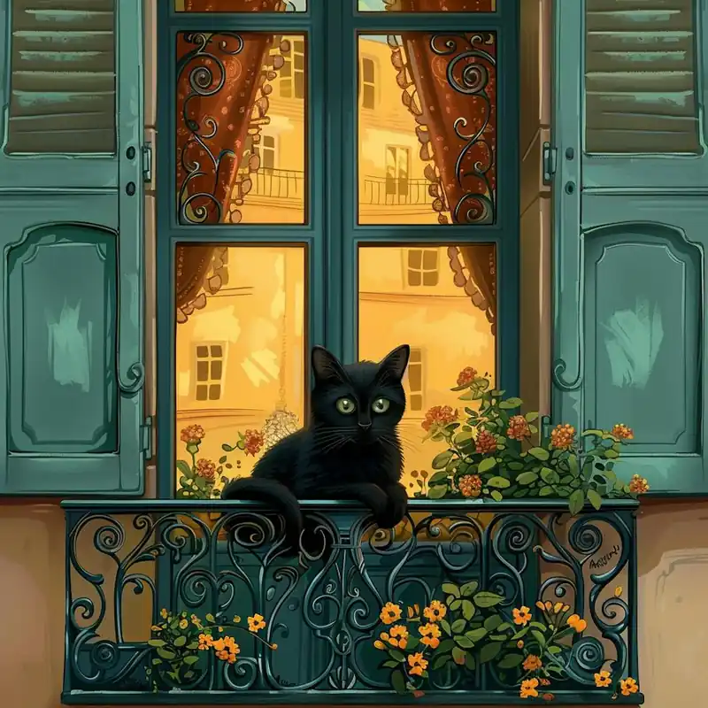 Today Only Black Cat at a Parisien Window