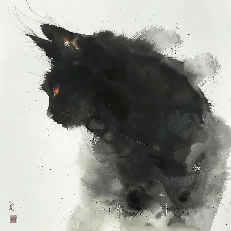 Professional Grade Ink Color, Cat, Portrait Close Up, Artistic Conception Ink Painting, Chinese Ink Comics, Painter, Matte Texture, Ink Animal, New Fine Brush, 32k, 3k