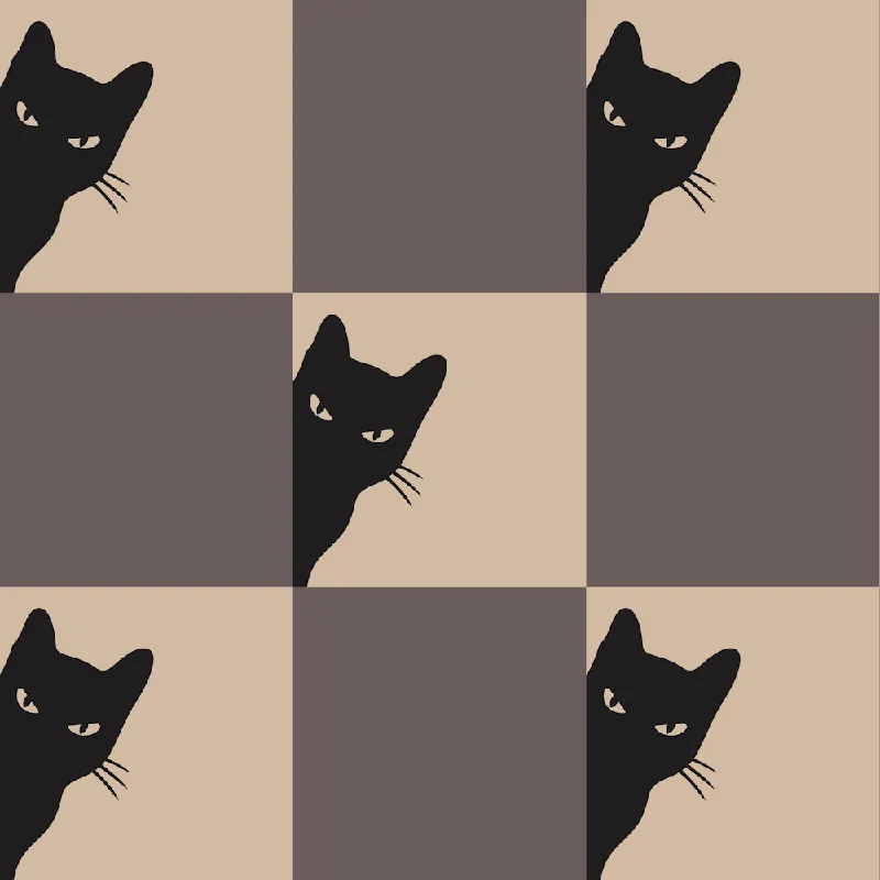Playful Checker Board Cat Peeping Pattern 10 In Contemporary Beige Brown Black 02 Brand New