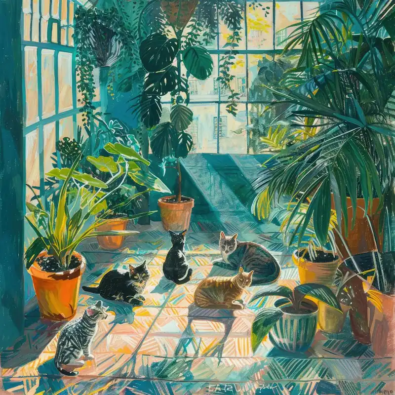 Viral David Hockney Style. Cats in Sunlit Conservatory Series 3
