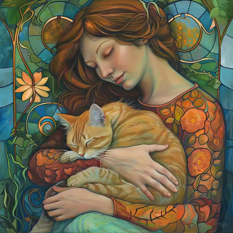 Woman with her Beloved Cat in Style of Art Nouveau 6 Buy Today