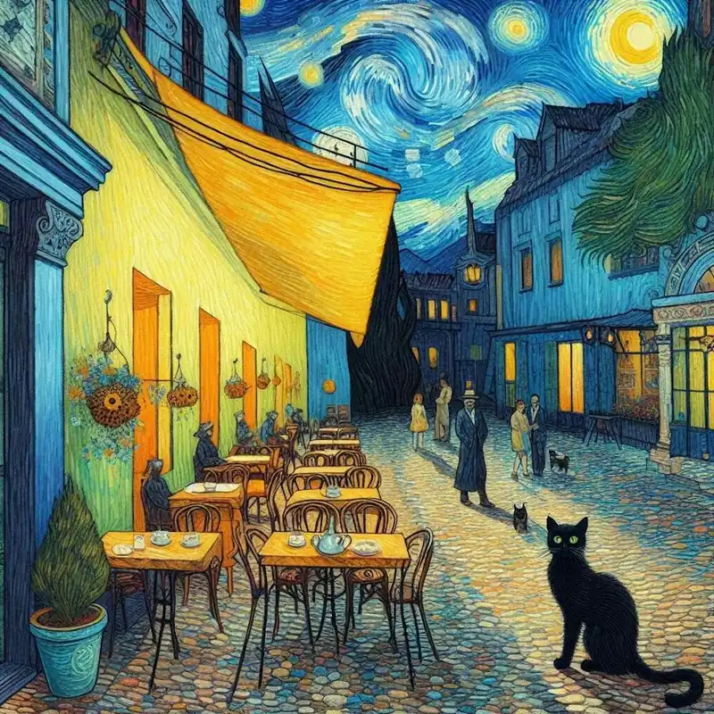 Starry Night cafe terrace and cat Hassle-Free Returns