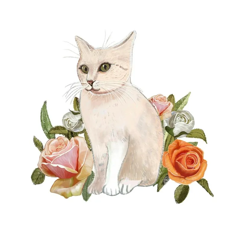 White Cat With Heirloom Flowers Square Clearance