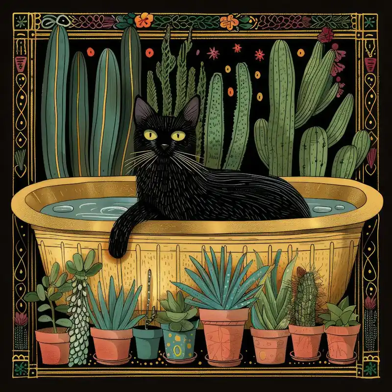 Gold Line Drawing of a Black Cat in a Bathtub, Houseplants, Botanical Top Rated