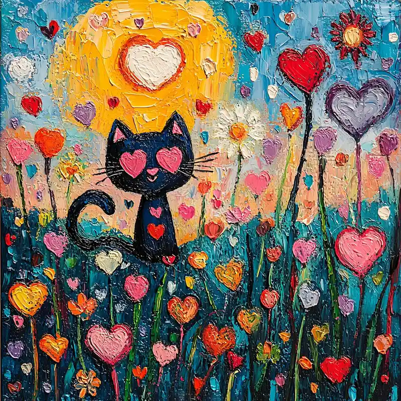 Same Day Shipping Abstract painting of a cat in a flower field