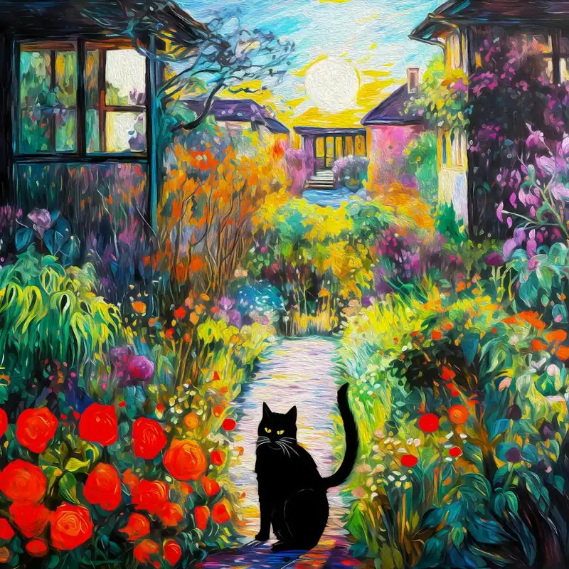 Low Price Black Cat In Monet Garden 1