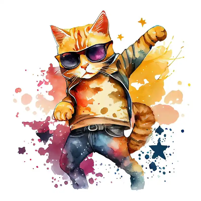 Watercolor Cute Cat Cool Superstar Cartoon Animal Character Limited Edition