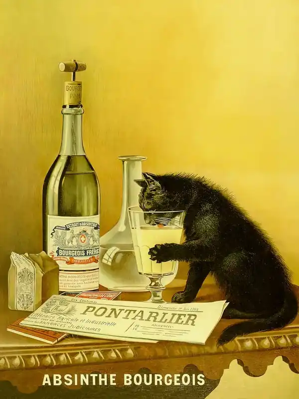 Absinthe Bourgeoisie, Cat Sipping Liquor, Vintage Alcoholic Beverage Poster, Bar Cart Decor Special Offer