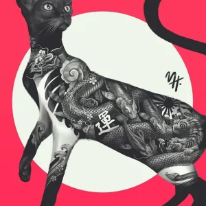 Warranty Included Japanese Cat Tattoo Red